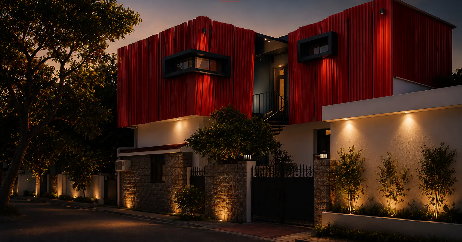 Residential project led by Ar. V. Ramakrishna Rao — Soul Architects' striking red timber-batten facade at dusk, Lucknow